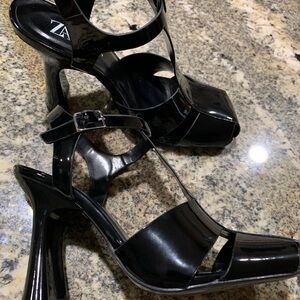 Zara Black Patent Strappy Heels -Size 37 (6.5)